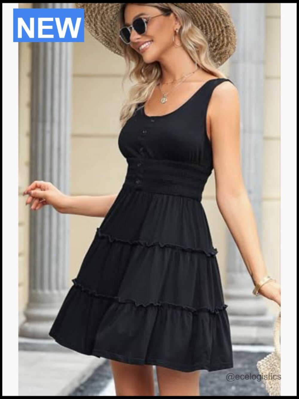 Sleeveless Button Down Smocked Empire Waist Ruffle Tiered Swing Mini Dress - Picture 4 of 7